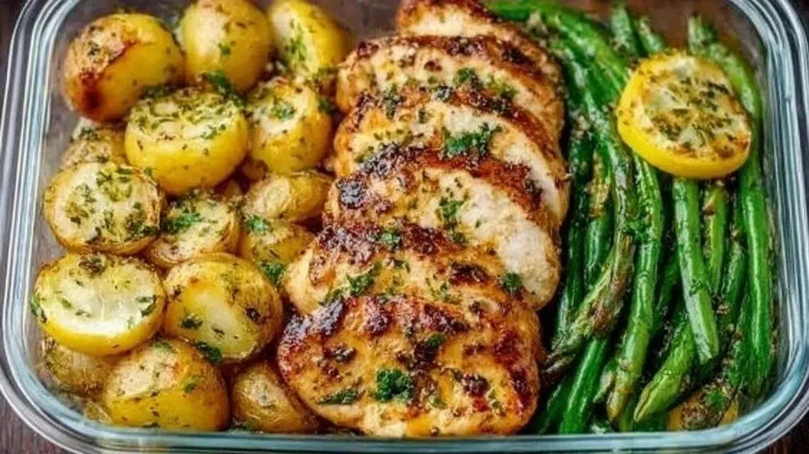 Lemon garlic chicken meal prep with fresh ingredients and vibrant flavors.