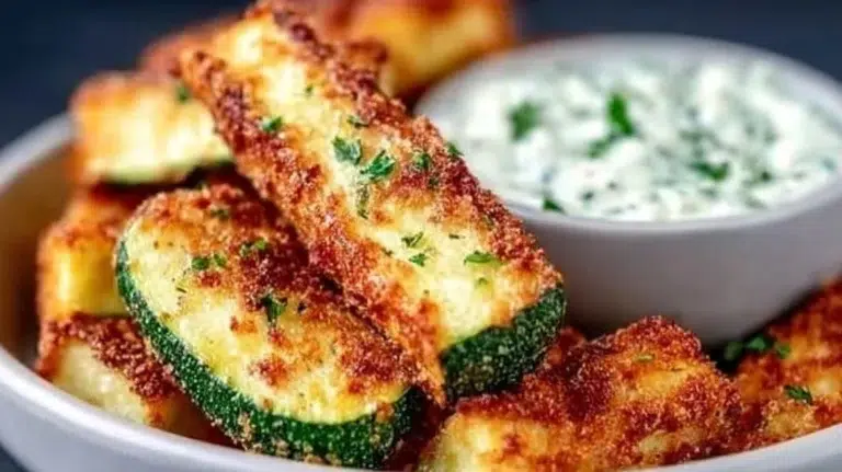 Delicious low calorie air fryer zucchini fries served with dipping sauce