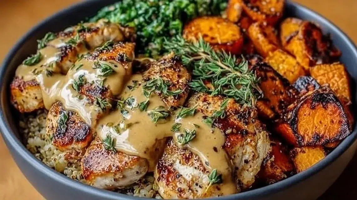 Delicious Maple Dijon Chicken served in a bowl with sweet potatoes and greens.