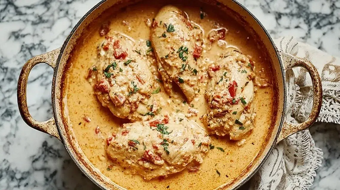 Creamy Marry Me Chicken served with herbs and pasta on a plate