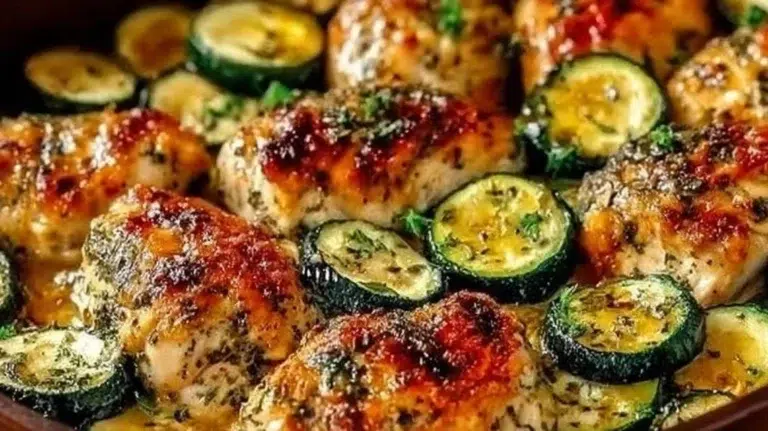 Delicious Mediterranean chicken zucchini bake ready to serve.