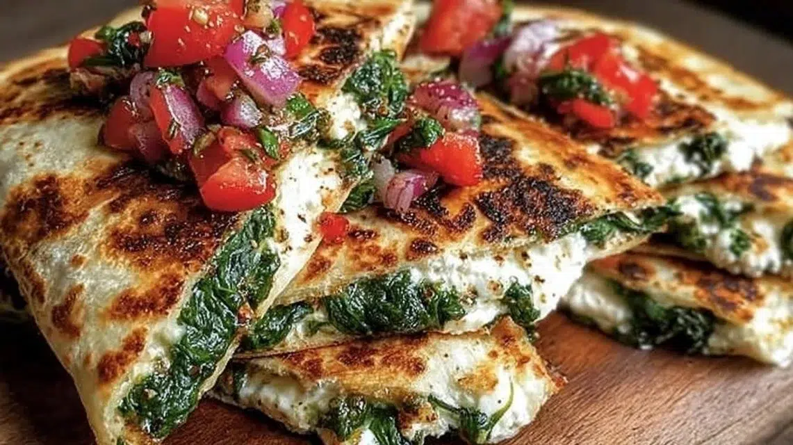 Mediterranean Quesadillas with Spinach on a plate
