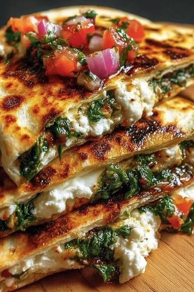 Mediterranean Quesadillas with Spinach, Feta, Mozzarella, and Red Onion