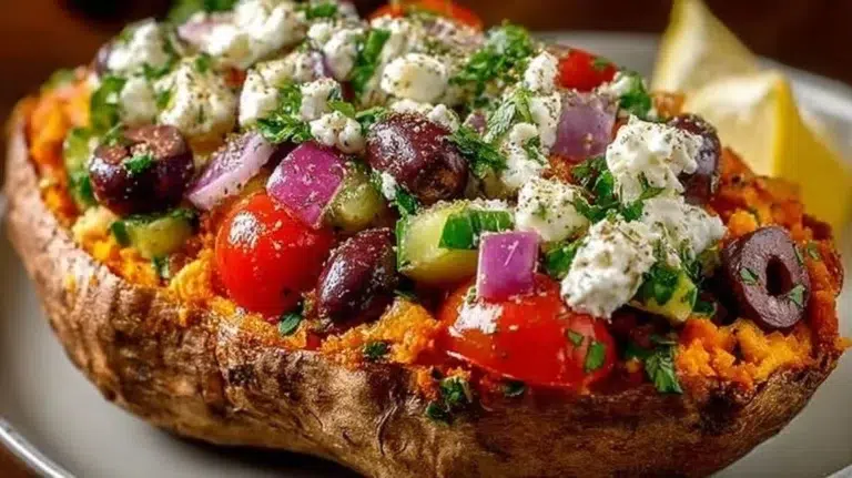 Mediterranean stuffed sweet potatoes topped with fresh ingredients