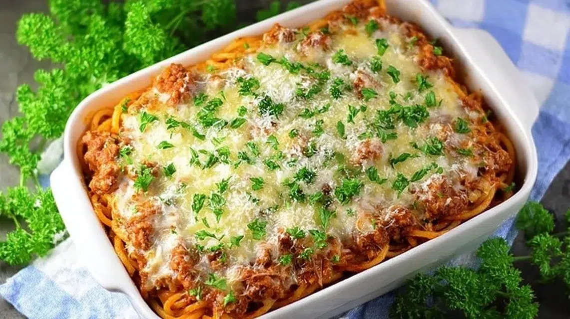 Delicious Million Dollar Spaghetti served in a bowl with herbs and cheese