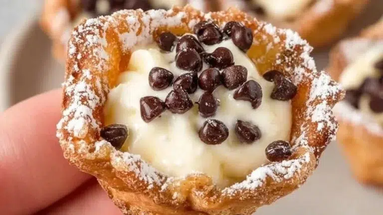 Mini cannoli cups filled with sweet ricotta cream and topped with chocolate chips.