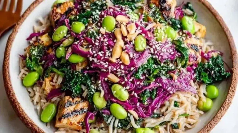 High-protein miso bowl topped with fresh vegetables and protein-rich ingredients