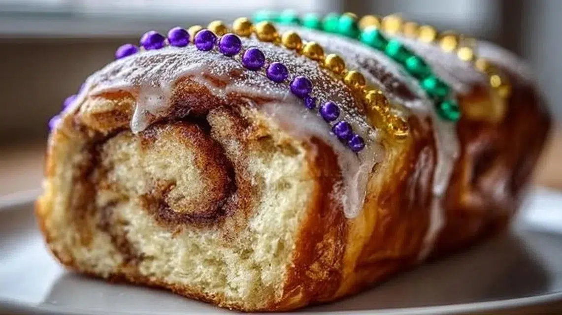 New Orleans style King Cake with a cinnamon swirl on a festive table.