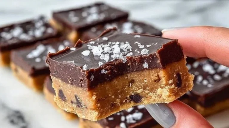 Delicious no bake cookie dough bars topped with chocolate chips and sprinkles.