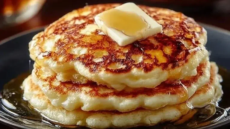 Stack of fluffy old fashioned pancakes topped with syrup and berries