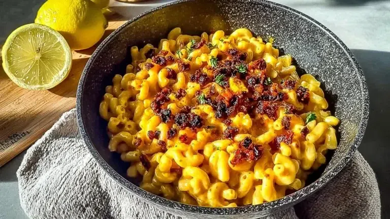 One Pot Creamy Mac and Cheese cooked on stovetop with gooey cheese sauce