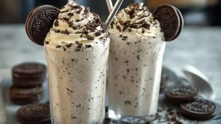 Creamy Oreo Milkshake topped with crushed Oreos and whipped cream