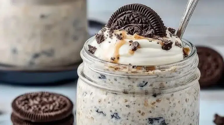 Delicious OREO overnight oats served in a bowl with chocolate and cookies on top.