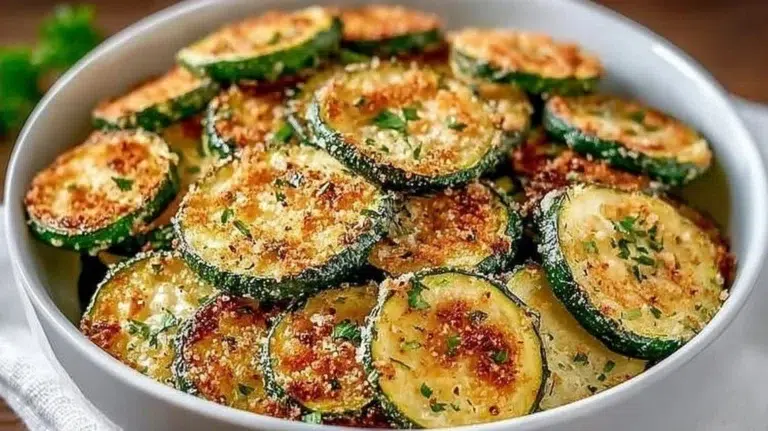 Crispy oven-baked zucchini chips on a baking tray, ready to eat.