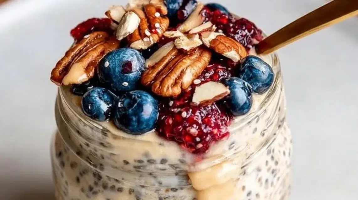 Bowl of overnight oats with chia seeds topped with fruits and nuts.