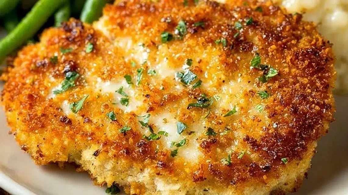 Delicious Parmesan Crusted Chicken served with fresh herbs and sides