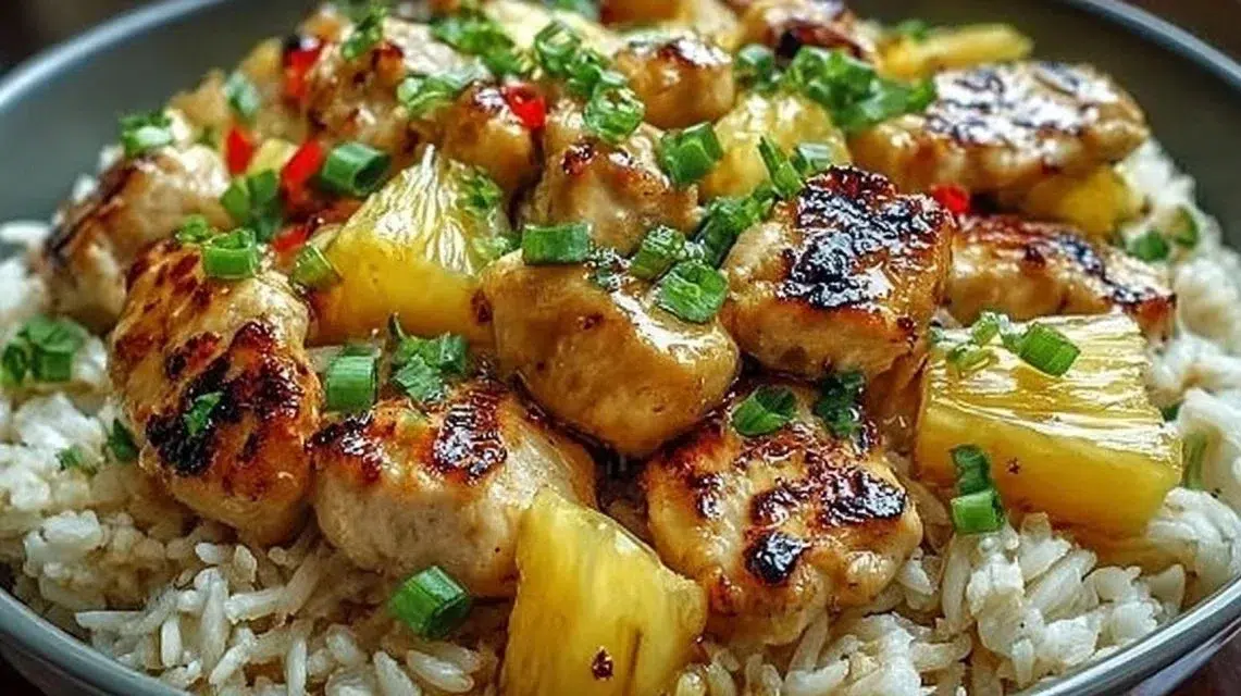 A vibrant dish of pineapple chicken served over rice with colorful vegetables