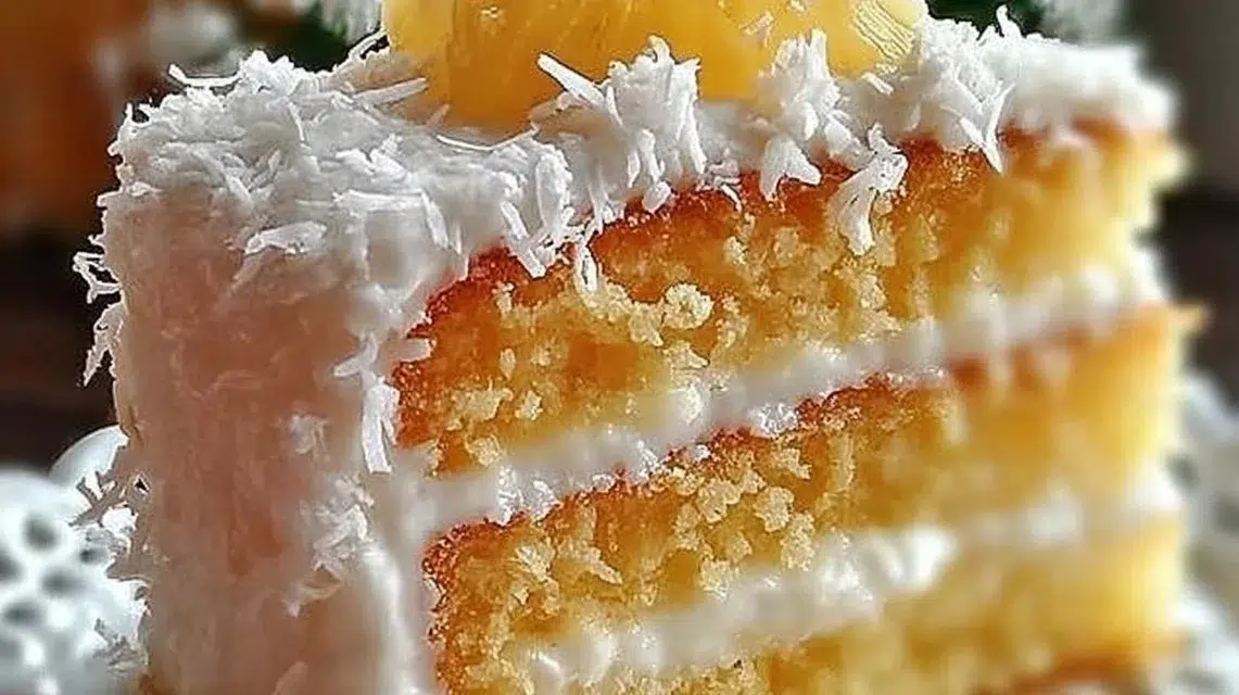 Slice of Pineapple Coconut Dream Cake topped with fresh coconut and pineapple.