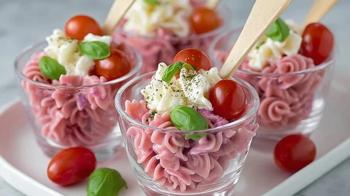 Colorful Pink Pasta Salad Cups served in clear cups for a festive presentation