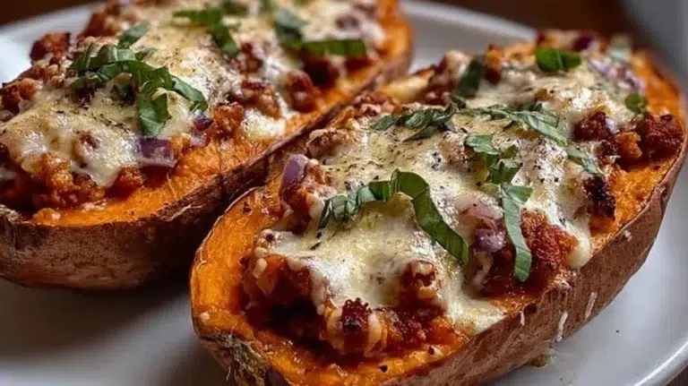 Protein loaded sweet potato boats topped with healthy ingredients.