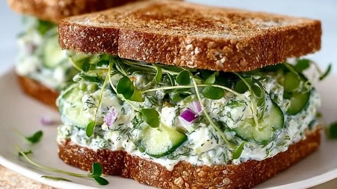 Delicious quick cucumber salad sandwiches served on a plate