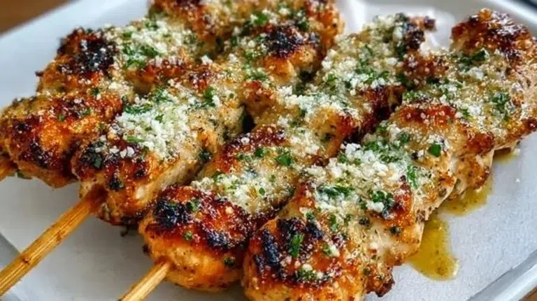 Ranch Garlic Parmesan Chicken Skewers on a platter with fresh herbs.
