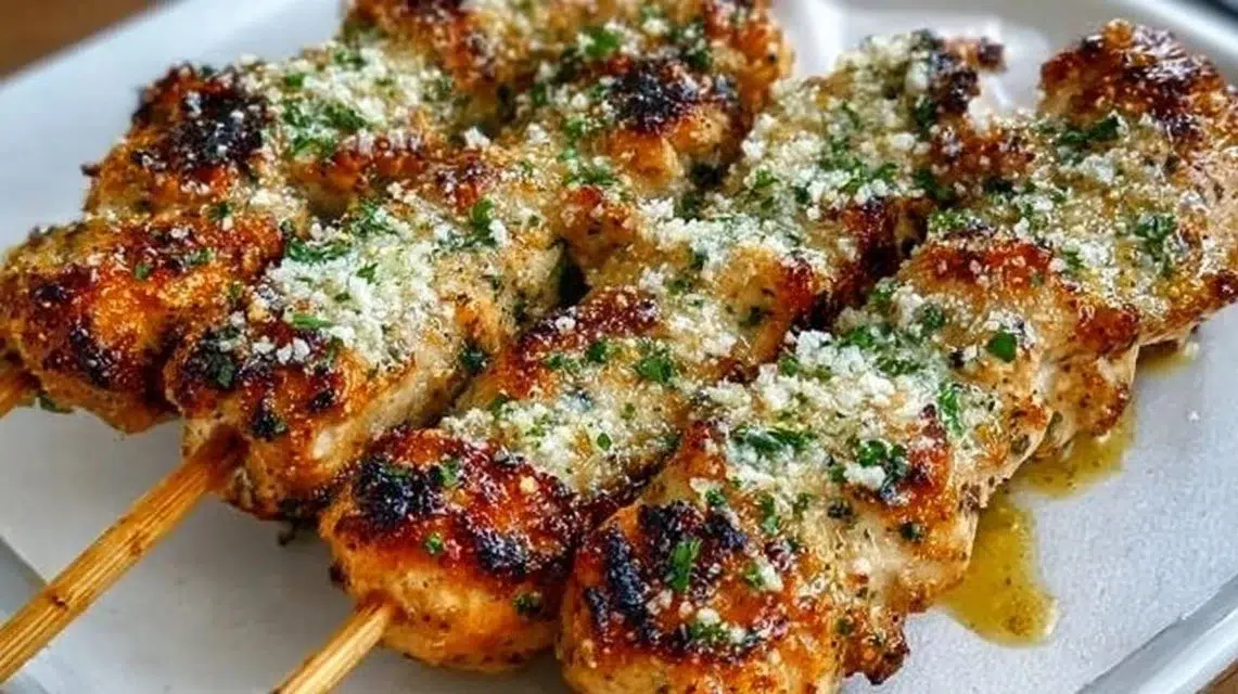 Ranch Garlic Parmesan Chicken Skewers on a platter with fresh herbs.