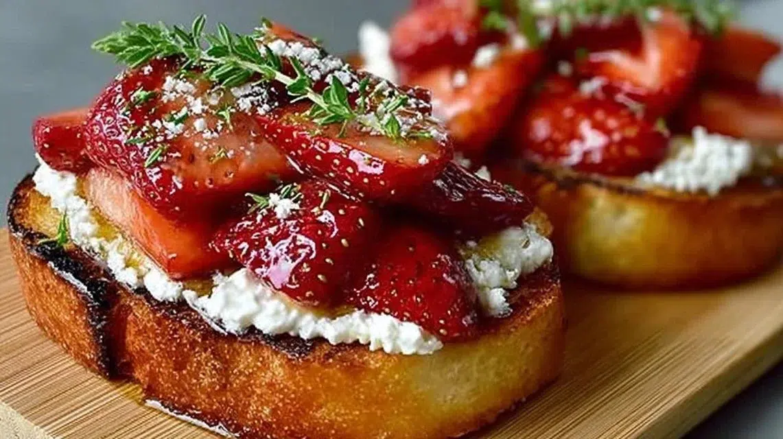 Delicious roasted strawberry whipped ricotta toast topped with fresh strawberries