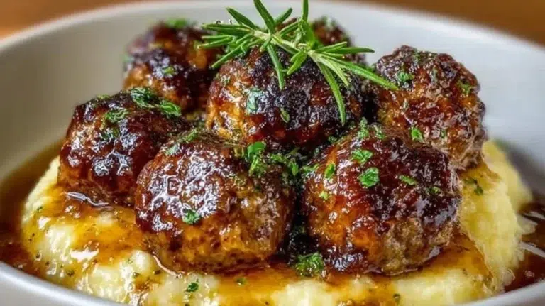 Salisbury steak meatballs served with garlic herb mashed potatoes on a plate.