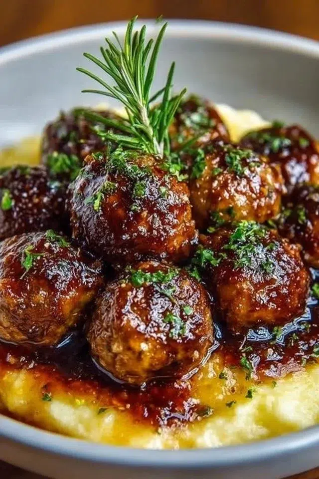 Salisbury Steak Meatballs with Garlic Herb Mashed Potatoes