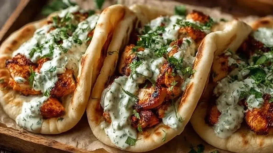 Sheet Pan Chicken Pitas served with Herby Ranch dressing on a plate
