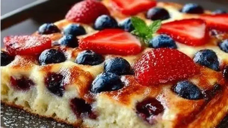 Sheet pan pancakes served on a plate with syrup and berries.