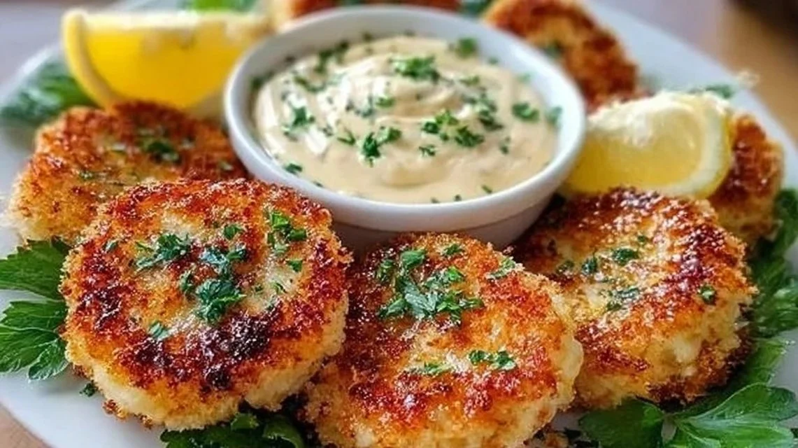 Crispy shrimp cakes served with lemon aioli sauce on a plate