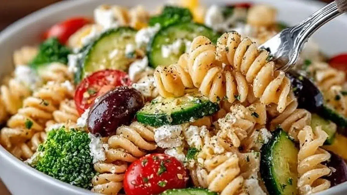 Colorful high protein pasta salad with fresh vegetables and dressing