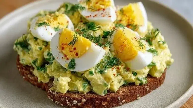 Mediterranean avocado egg salad in a bowl with fresh ingredients