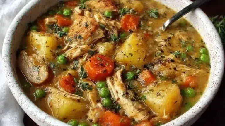 Delicious slow cooker chicken stew with fresh vegetables and herbs.
