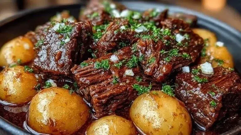 Delicious Slow Cooker Garlic Butter Beef with Potatoes ready to serve