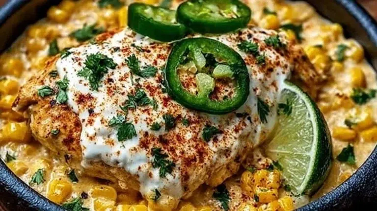 Slow Cooker Street Corn Chicken served in a bowl with cilantro and lime