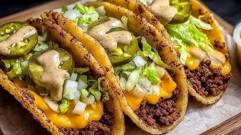 Delicious smash burger tacos served with fresh ingredients and toppings.