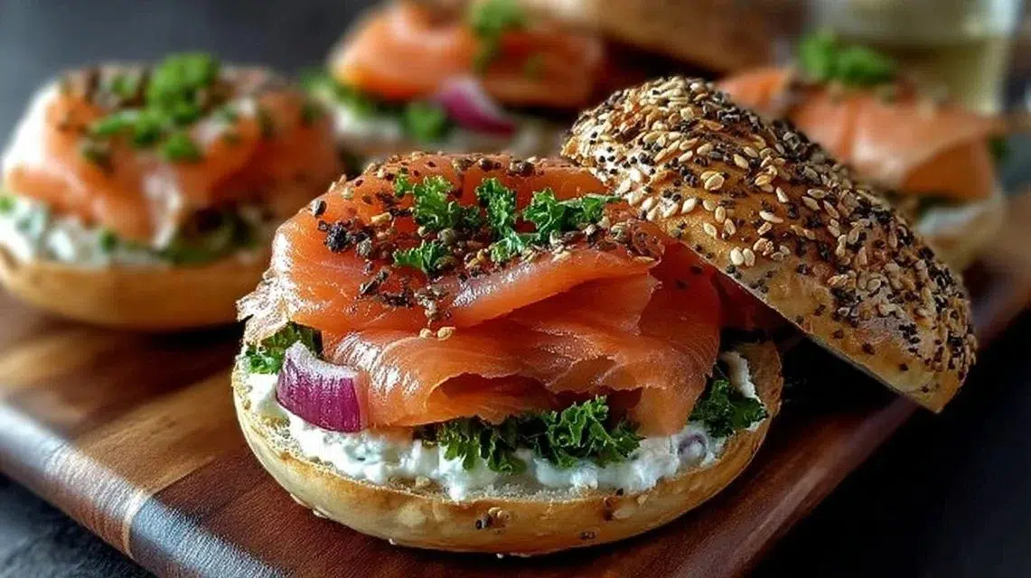 Delicious smoked salmon bagel topped with cream cheese and fresh herbs