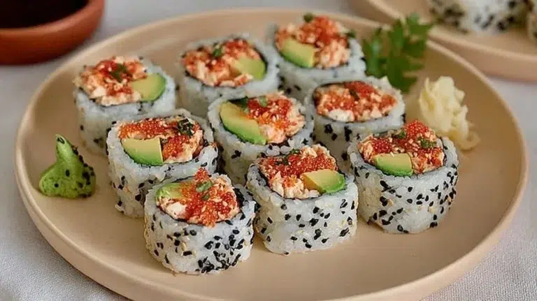 Delicious Spicy Crab Sushi rolls with fresh crab and vibrant toppings