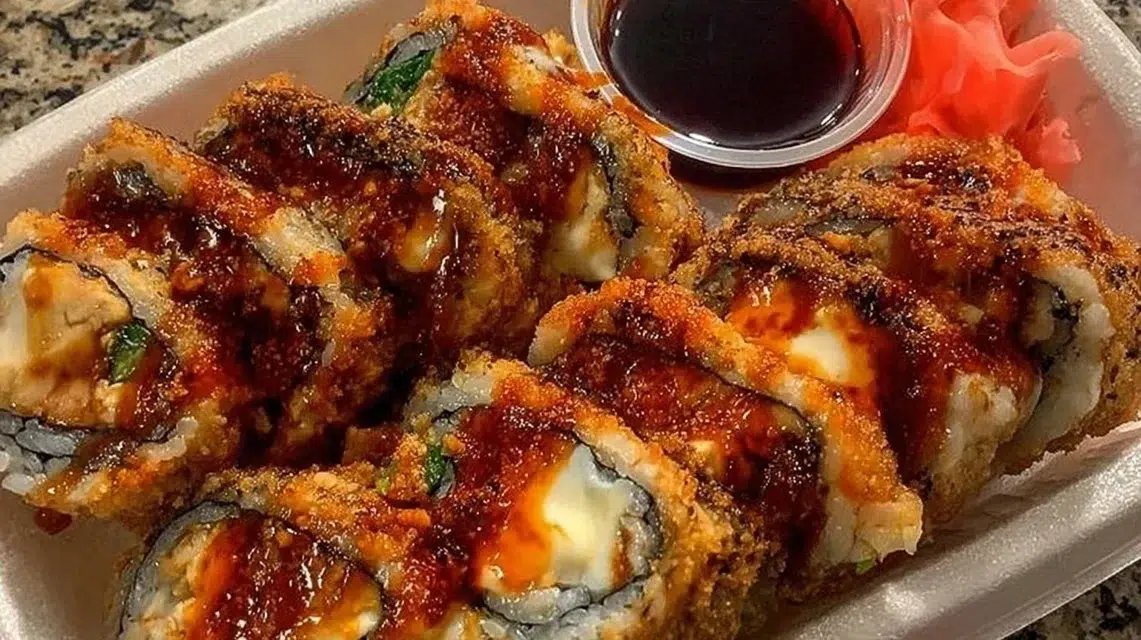 A plate of spicy crunchy sushi rolls with vibrant toppings and garnishes.