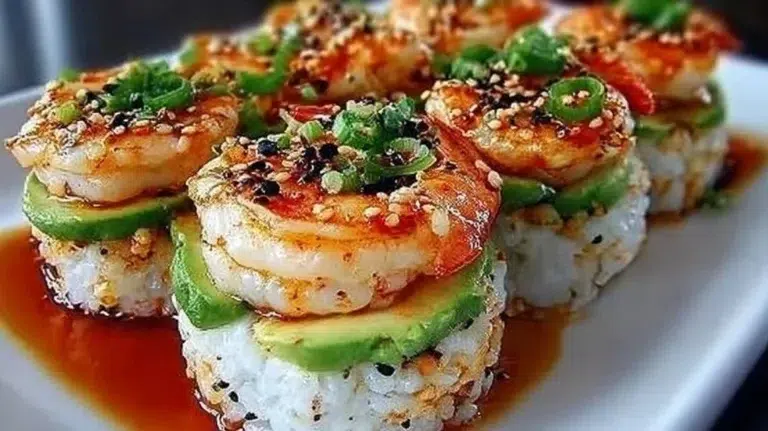 Spicy shrimp sushi stacks with fresh ingredients and vibrant colors.