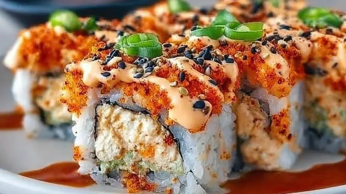 Spicy Volcano Roll sushi topped with spicy sauce and ingredients.