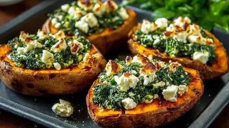 Spinach and feta stuffed sweet potatoes on a plate