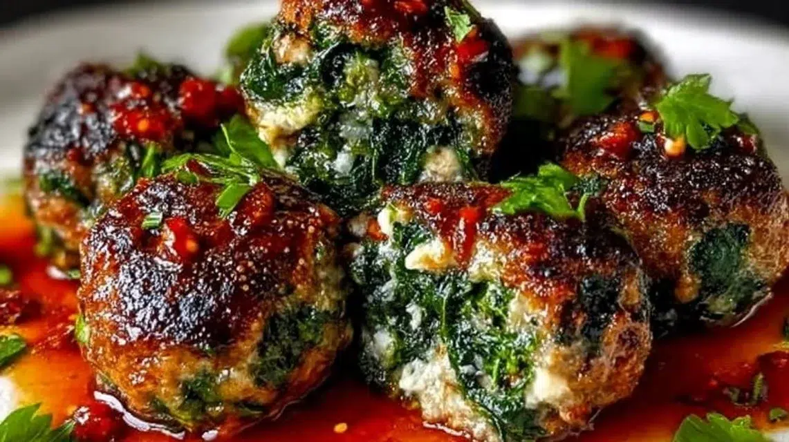 Delicious Spinach Garlic Meatballs served on a plate with fresh herbs