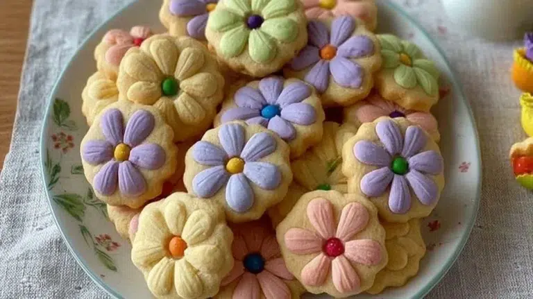 Spring Flower Shortbread Cookies decorated with colorful flower patterns