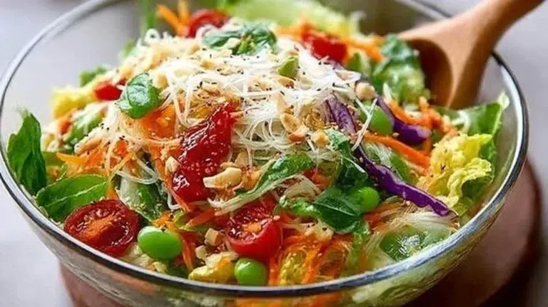Delicious spring roll salad with vibrant vegetables and spicy ginger dressing.