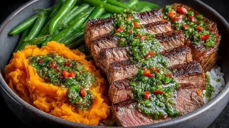 Delicious Steak Bowl with Sweet Potato Mash and Garlic Green Beans