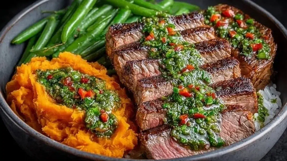 Delicious Steak Bowl with Sweet Potato Mash and Garlic Green Beans